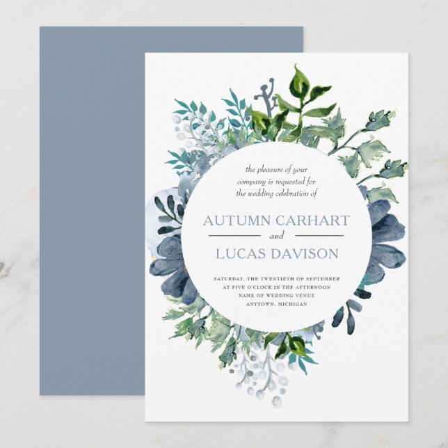 Convites Casamento Floral em Círculo com Aquarela Azul Desb (Frente/Verso)
