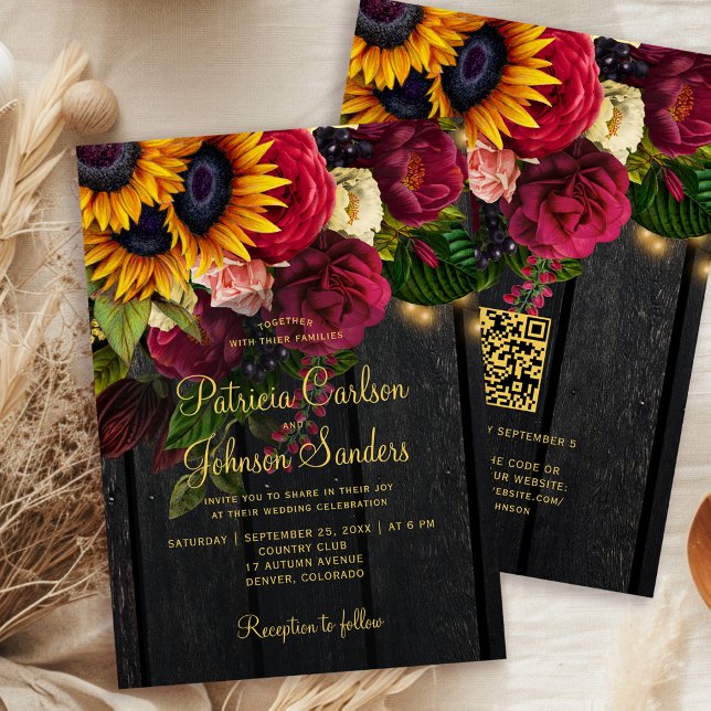 Convites Casamento floral em código QR de madeira de celeir (Criador carregado)