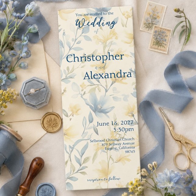 Convites Casamento Floral em Creme e Azul com Aquarela Suav (Criador carregado)