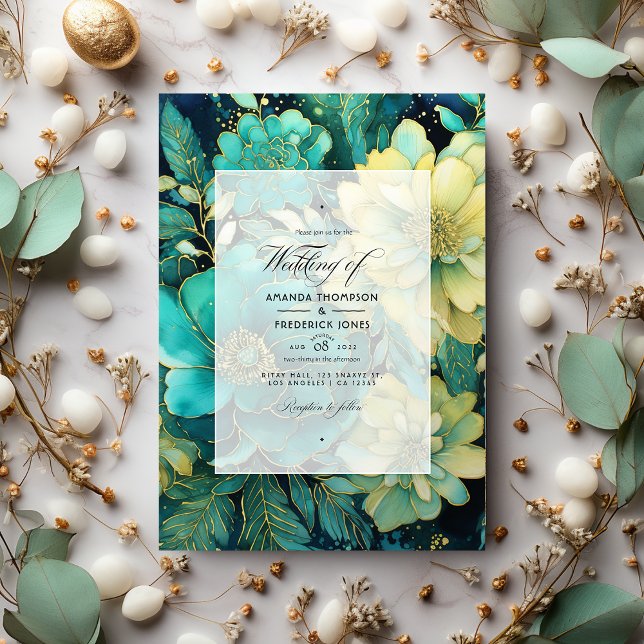 Convites Casamento Floral em Dourado e Verde Esmeralda (Criador carregado)