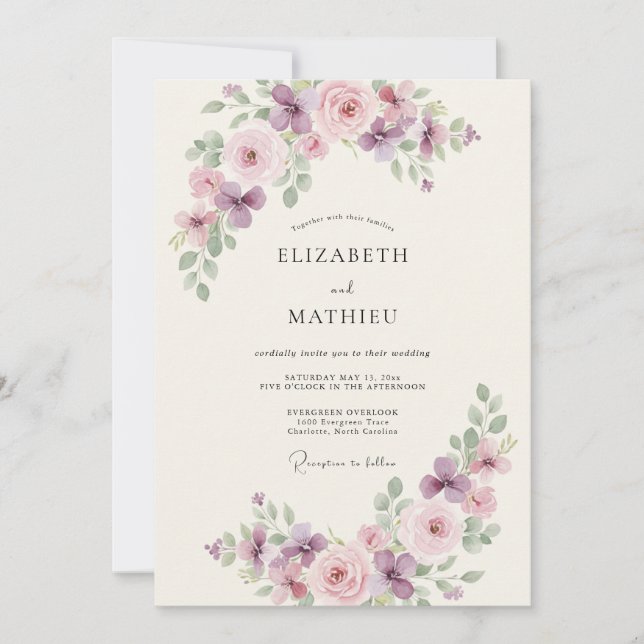 Convites Casamento Floral em Flor com Roxo Pálido (Frente)