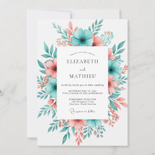 Convites Casamento Floral em Flor Coral Teal