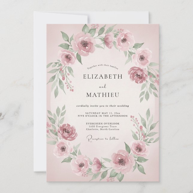 Convites Casamento Floral em Flor de Rosa Empoeirada (Frente)