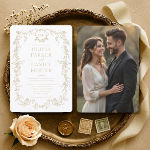 Convites Casamento Floral em Foto Vitoriano em Dourado Cham