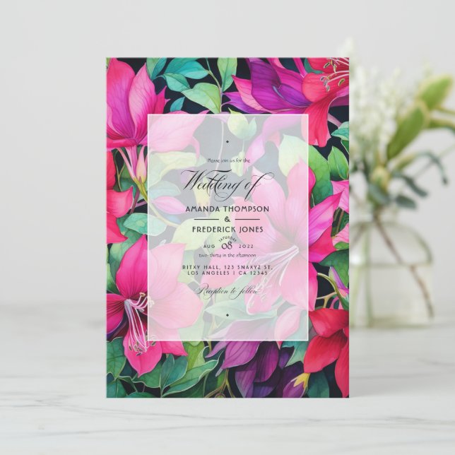 Convites Casamento Floral em Fuchsia, Verde Esmeralda e Pre (Em pé/Frente)