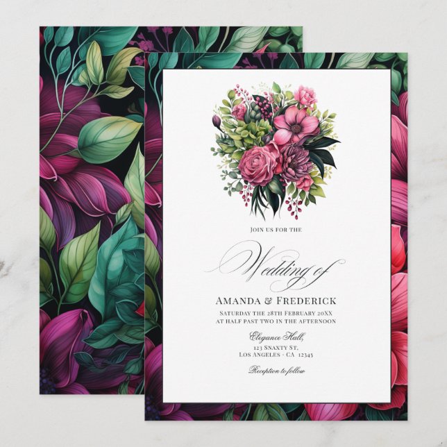 Convites Casamento Floral em Fuchsia, Verde Esmeralda e Pre (Frente/Verso)
