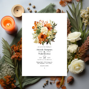 Convites Casamento Floral em Laranja Queimado, Creme e Verd