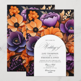 Convites Casamento Floral em Laranja Queimado, Roxo Escuro
