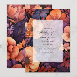 Convites Casamento Floral em Laranja Queimado, Roxo Escuro