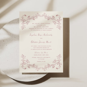 Convites Casamento Floral em Linha Arte Rosa Vintage Rústic