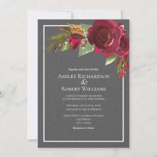Convites Casamento Floral em Linho Cinza Escuro Moderno Bur