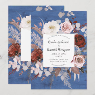 Convites Casamento Floral em Madeira Azul Rústico Country