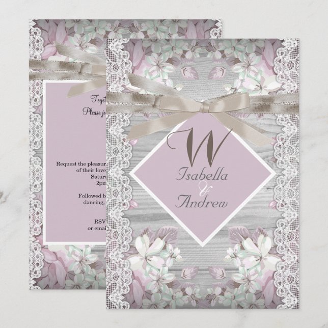 Convites Casamento Floral em Madeira Rústica Branco com Ren (Frente/Verso)