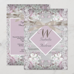 Convites Casamento Floral em Madeira Rústica Branco com Ren