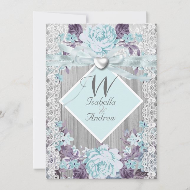 Convites Casamento Floral em Madeira Rústica Branco com Ren (Frente)