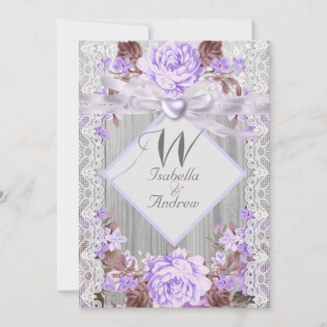 Convites Casamento Floral em Madeira Rústica Lavanda com Re (Frente)
