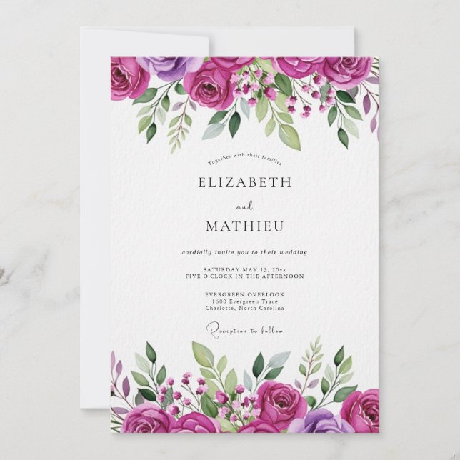 Convites Casamento Floral em Magenta (Frente)