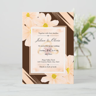 Convites Casamento Floral em Marrom Chocolate e Pêssego Ter