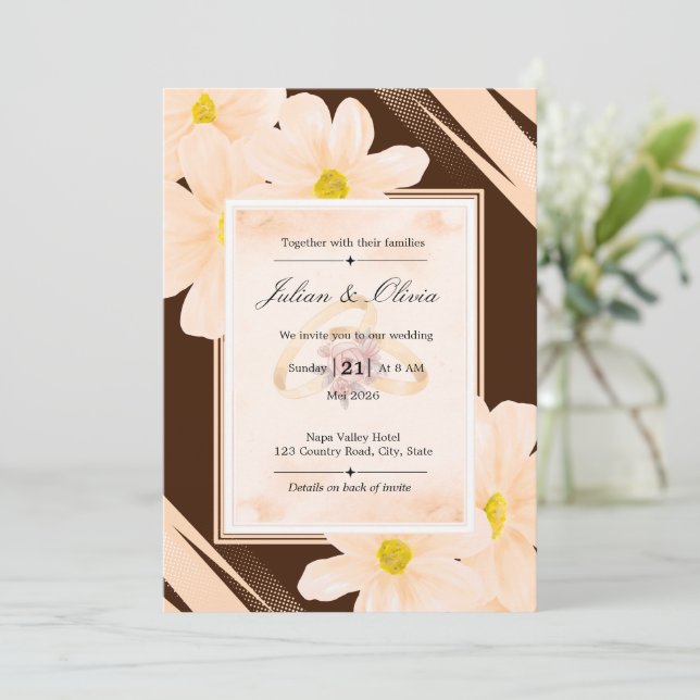 Convites Casamento Floral em Marrom Chocolate e Pêssego Ter (Em pé/Frente)