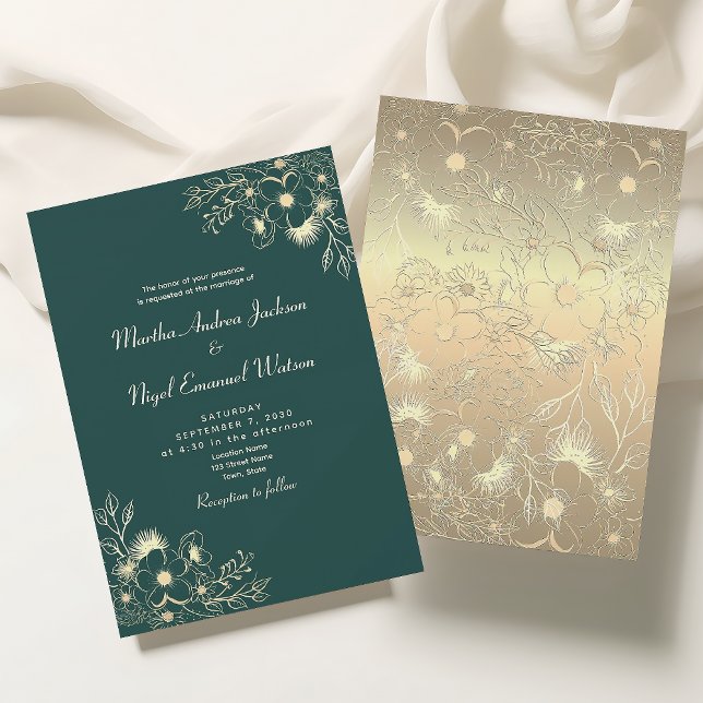 Convites Casamento Floral em Ouro Verde Esmeralda (Criador carregado)