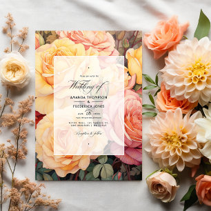 Convites Casamento Floral em Pêssego, Amarelo Suave e Rosa