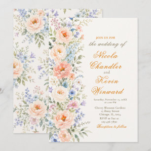 Convites Casamento Floral em Pêssego e Azul Poeirento