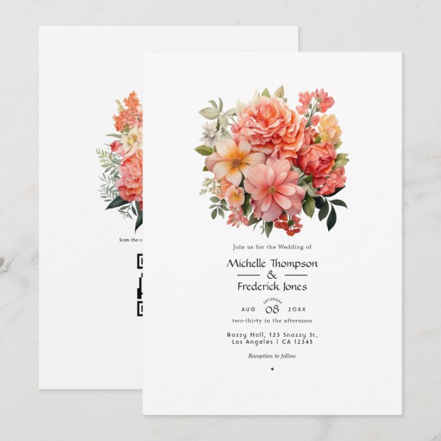 Convites Casamento Floral em Pêssego e Coral (Frente/Verso)
