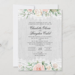Convites Casamento Floral em Renda com Aquarela Rosa Desbot