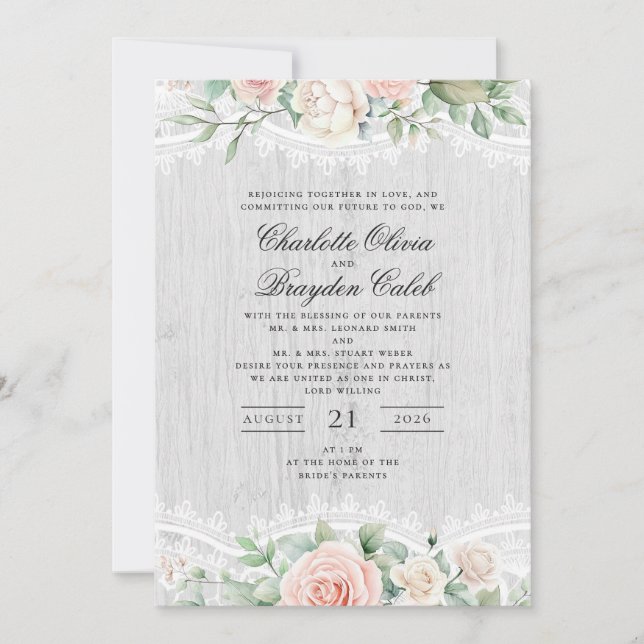 Convites Casamento Floral em Renda com Aquarela Rosa Desbot (Frente)