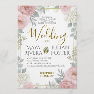 Convites Casamento Floral em Rosa Desbotado Azul Poeira com