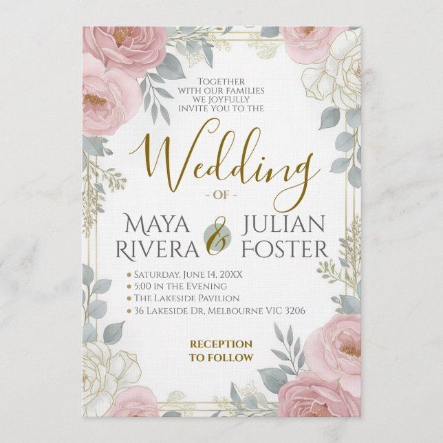 Convites Casamento Floral em Rosa Desbotado Azul Poeira com (Frente)