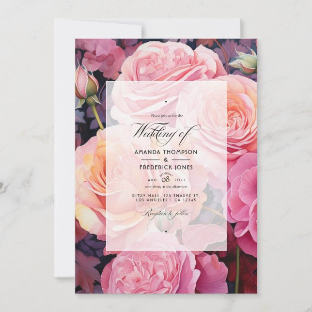 Convites Casamento Floral em Rosa Dourado e Bege (Frente)