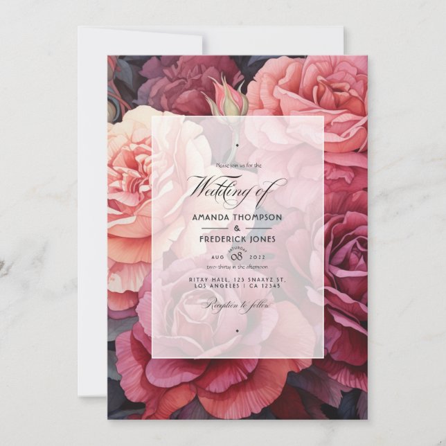 Convites Casamento Floral em Rosa Dourado e Marrom Rosa (Frente)