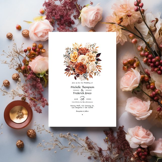 Convites Casamento Floral em Rosa Dourado e Marrom Rosa (Criador carregado)