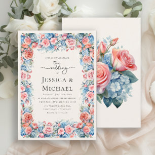 Convites Casamento Floral em Rosa e Azul com Aquarela Român