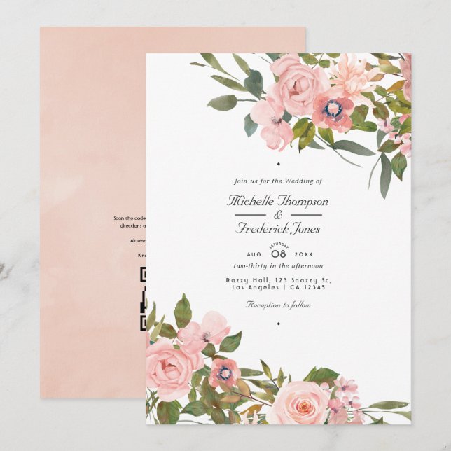 Convites Casamento Floral em Rosa e Dourado Rosa com QR Cod (Frente/Verso)