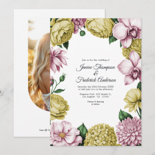 Convites Casamento Floral em Rosa e Dourado Suave com Aquar