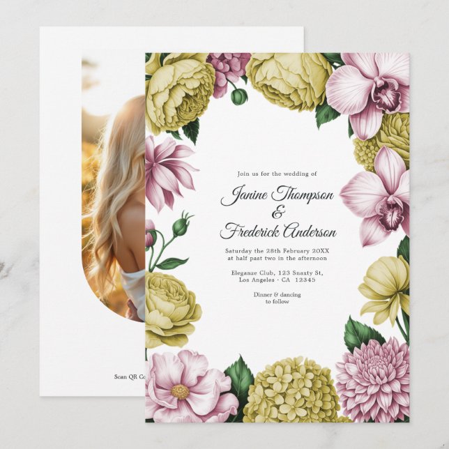 Convites Casamento Floral em Rosa e Dourado Suave com Aquar (Frente/Verso)