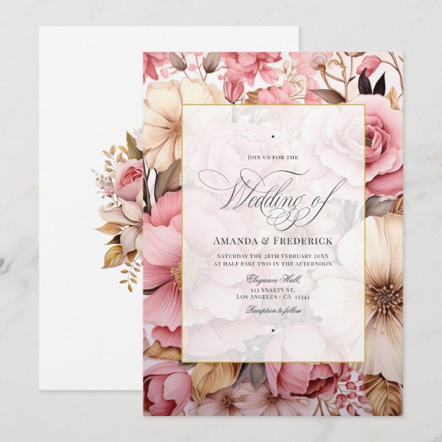 Convites Casamento Floral em Rosa Elegante Dourado (Frente/Verso)