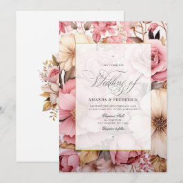 Convites Casamento Floral em Rosa Elegante Dourado