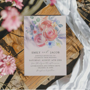 Convites Casamento Floral em Rosa Moderno em Aquarela