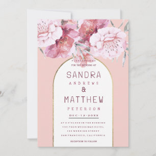 Convites Casamento floral em rosa pastel dourado no estilo
