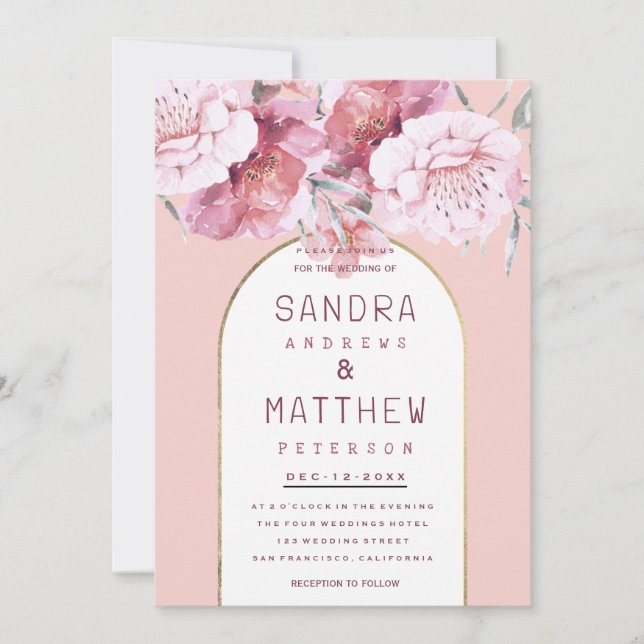 Convites Casamento floral em rosa pastel dourado no estilo  (Frente)