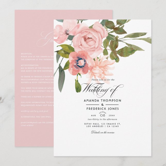 Convites Casamento Floral em Rose Gold e Rosa Bege (Frente/Verso)
