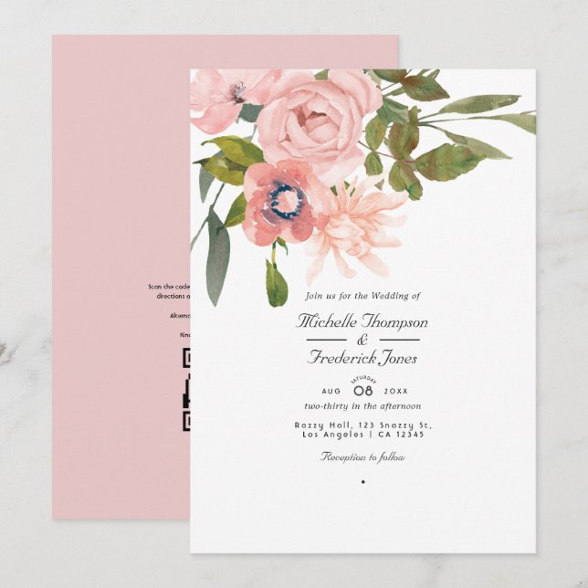 Convites Casamento Floral em Rose Gold e Rosa Claro com Cód (Frente/Verso)