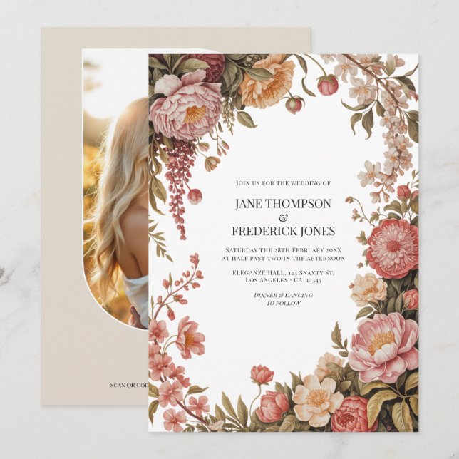 Convites Casamento Floral em Sage Empoeirado, Pêssego Suave (Frente/Verso)