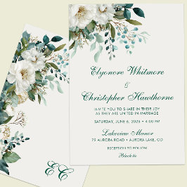 Convites Casamento Floral em Script Azul Turquesa com Flore