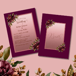 Convites Casamento Floral em Script Dourado Rosa Borgonha