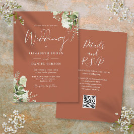 Convites Casamento Floral em Terracota com Código QR