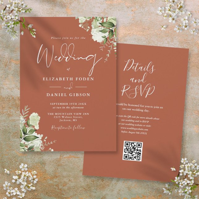 Convites Casamento Floral em Terracota com Código QR (Terracotta Greenery Floral QR Code Wedding Invitation)